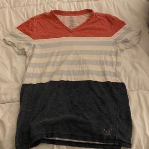 American eagle, v neck T-shirt, red, white/light blue stripes, blue
